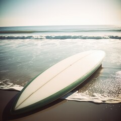 Green and white surfboard lying on sunny beach, created using generative ai technology