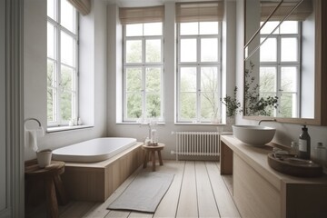 Fototapeta na wymiar Bright modern bathroom with french windows and view to trees, created using generative ai technology
