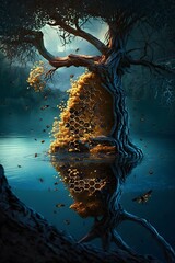 a realistic honeycomb with bees on the branch of a tree of an enchanted forest bees lake Hyperrealistic Cinematic quality insane details 