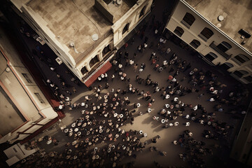 The drone soars high above the crowd, capturing a bird's eye view of the throng of people gathered below. Ai generated