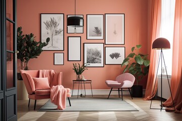 Interior of a room in one color, monochrome, orangey pinkish, with a single chair and plants, four frames on the wall, and a mock up of a poster frame. Generative AI