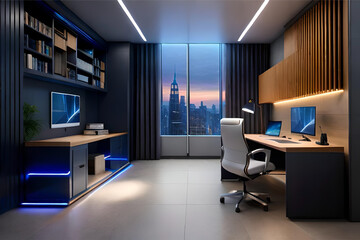 Interior design of  a modern tech-savvy study room with smart features, integrated charging stations, and sleek technology for a futuristic and efficient space | Generative AI