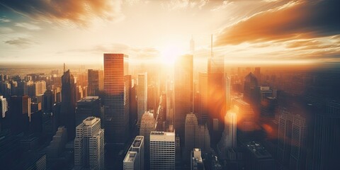Modern city skylines at sunset. Exploring beauty of modern cityscapes with skyscrapers Generative AI illustrations