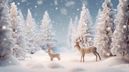 Deer in winter forest, snow