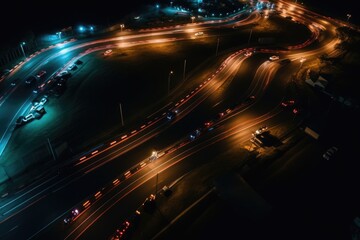 Fototapeta na wymiar Aerial view of lit car race track at night, created using generative ai technology