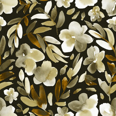 Watercolor floral in khaki, sienna and black. Seamless pattern. - 617759965