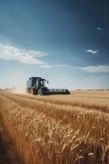 Obraz premium General scenery of wheat fields with combine and blue sky, created using generative ai technology