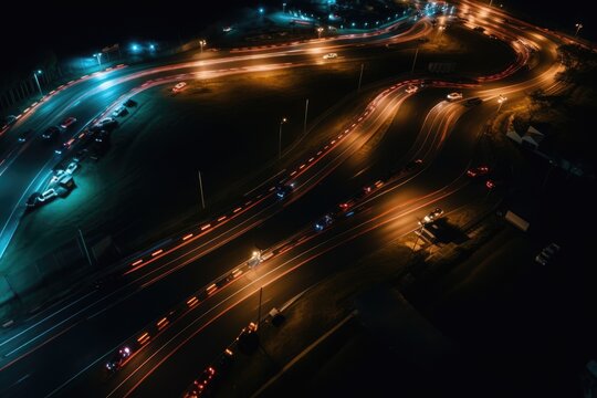 Aerial view of lit car race track at night, created using generative ai technology