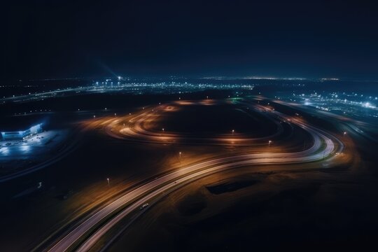 Aerial view of lit car race track at night, created using generative ai technology