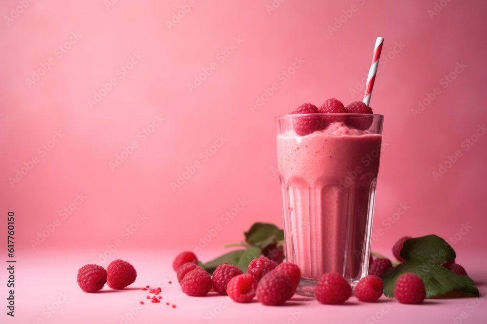 Wall mural raspberry smoothie and raspberries on pink background, created using generative ai technology