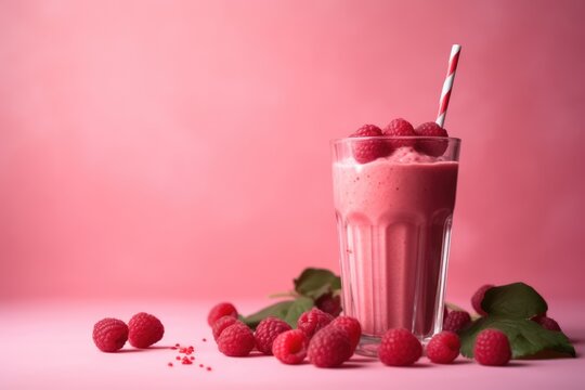 Raspberry smoothie and raspberries on pink background, created using generative ai technology