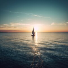 Sunset sky over sailing boat and ocean, created using generative ai technology