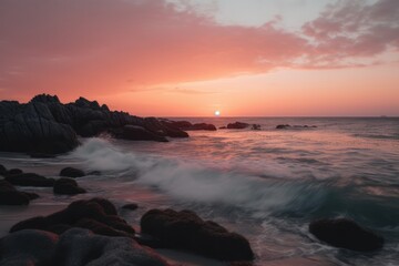 Obraz premium Sunset sky with clouds over ocean and rocks, created using generative ai technology