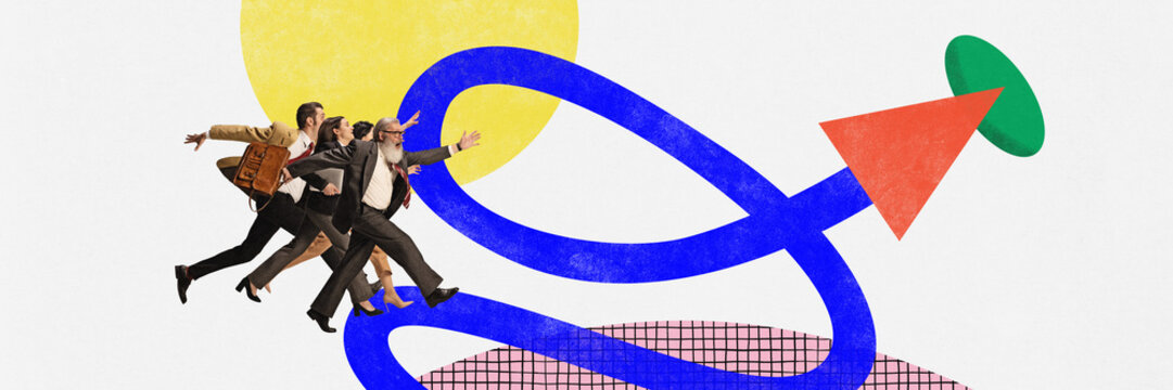 Active motivated men and women running towards the target. Contemporary art collage. Concept of teamwork, success, goals, career