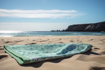 Green towel with pattern on beach with sea and blue sky, created using generative ai technology