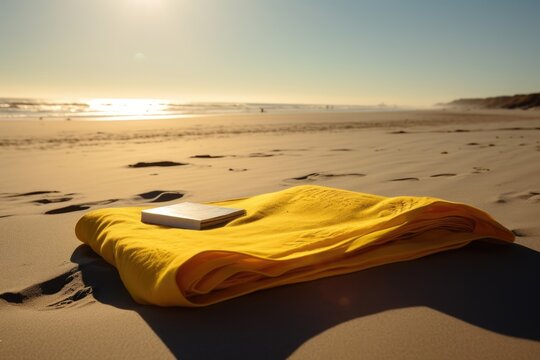 Yellow towel with pattern and book on beach, created using generative ai technology