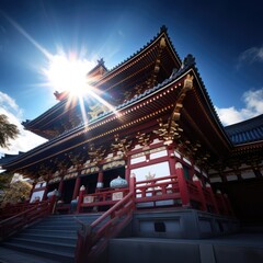 Fototapeta na wymiar Japanese temple with oriental pattern over blue sky and sun, created using generative ai technology