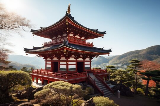 Japanese temple with oriental pattern over mountains and sky, created using generative ai technology