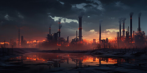 Obraz na płótnie Canvas A massive factory with billowing smokestacks stands against the backdrop of a sunset sky, a powerful symbol of industrial might and human ingenuity. Generative AI