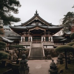Obraz premium Trees and temple with oriental pattern over sky, created using generative ai technology