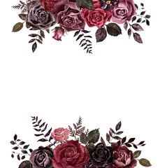 Floral frame made in vintage Victorian goth style. A watercolor botanical border featuring burgundy, red, and black roses and dark foliage. Halloween invitation template. PNG clipart.