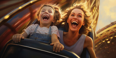 Fototapeta na wymiar A mother and her two children ride a rollercoaster at an amusement park, filled with excitement, joy, laughter, and the exhilaration of summer fun. Generative AI
