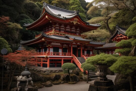 Japanese temple with oriental pattern in forest, created using generative ai technology