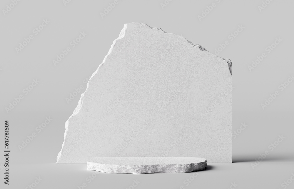 Poster white rock decoration and stone slab product display 3d rendering background. empty scene with objec