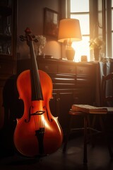 Brown cello leaning on cupboard in living room, created using generative ai technology