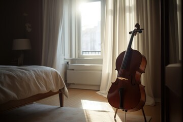 Brown cello displayed next to window in sunny bedroom, created using generative ai technology