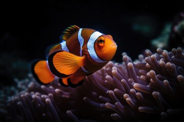 Naklejka na ściany i meble Orange tropical fish with stripes and coral reef in sea, created using generative ai technology