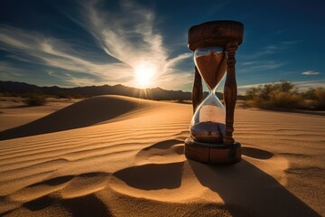 Close up of hourglass on sand in desert with sunlight, created using generative ai technology - obrazy, fototapety, plakaty