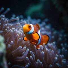 Naklejka na ściany i meble Orange tropical fish with stripes and coral reef in sea, created using generative ai technology
