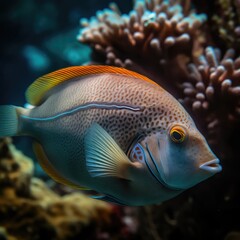 Obraz premium Grey tropical fish with pattern and coral reef in sea, created using generative ai technology