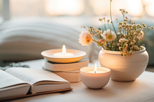 still life with candles, flowers and books mindful living