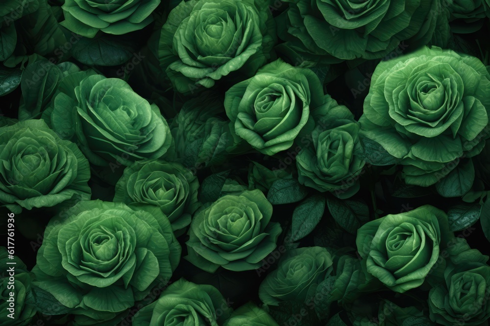 Wall mural full frame of green roses background, created using generative ai technology
