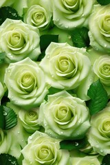 Full frame of green roses with water drops background, created using generative ai technology