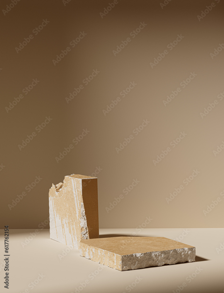 Poster abstract minimal product display template. empty studio scene with textured stone shapes 3d renderin