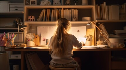 a young girl doing homework at desk