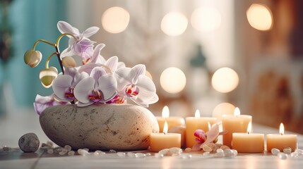 Candles and flowers in a calm relaxing and soothing SPA environment Generative AI Illustration