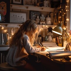 a young girl doing homework at desk