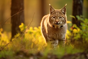 Close up of bobcat walking in forest, created using generative ai technology
