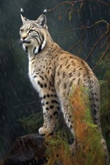 Close up of bobcat standing on rock, created using generative ai technology