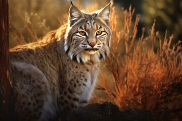 Obraz premium Close up of bobcat sitting in field, created using generative ai technology