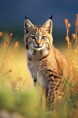 Obraz premium Close up of bobcat standing in field, created using generative ai technology