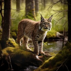 Naklejka na ściany i meble Close up of bobcat standing in forest, created using generative ai technology