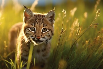 Obraz premium Close up of bobcat kitten standing in field, created using generative ai technology