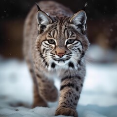 Close up of bobcat walking in snow, created using generative ai technology