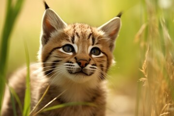 Naklejka na ściany i meble Close up of bobcat kitten standing in field, created using generative ai technology
