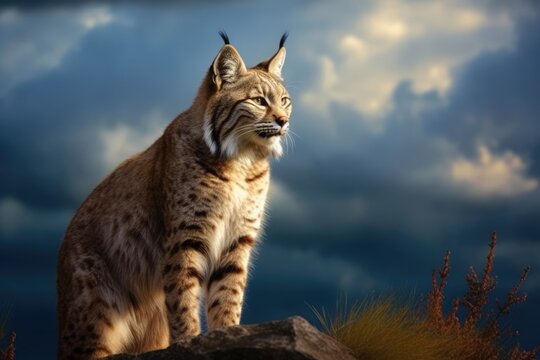 Close up of bobcat standing on rock with stormy sky, created using generative ai technology